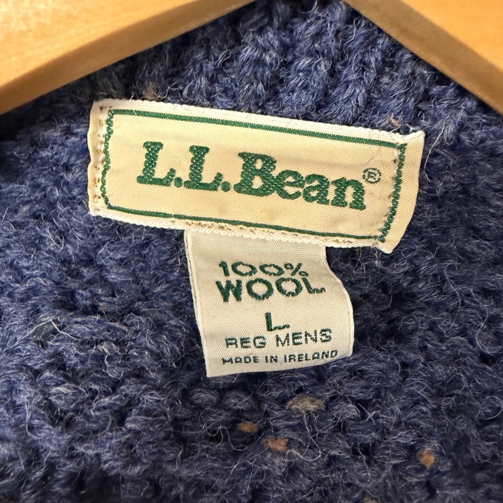 LL Bean Mens Blue Cable Knit Wool Sweater‎ Made in Ireland Fisherman Large 4466 - Picture 3 of 4
